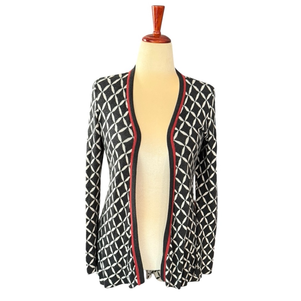 Bellini Geometric Women's Open Front Cardigan Sweater Size Small Black Red White